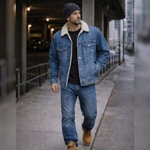 Pull&Bear Sherpa Lined Denim Jean Jacket Mens M Blue Button Front Trucker Style